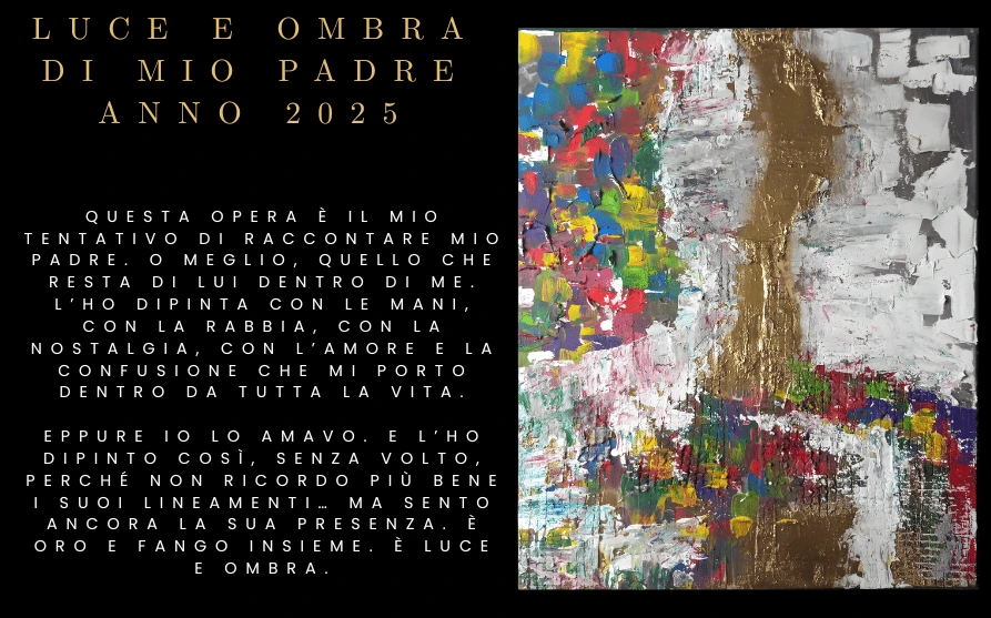 Opera astratta che esplora il tema della luce e dell'oscurità attraverso colori intensi e forme dinamiche.
