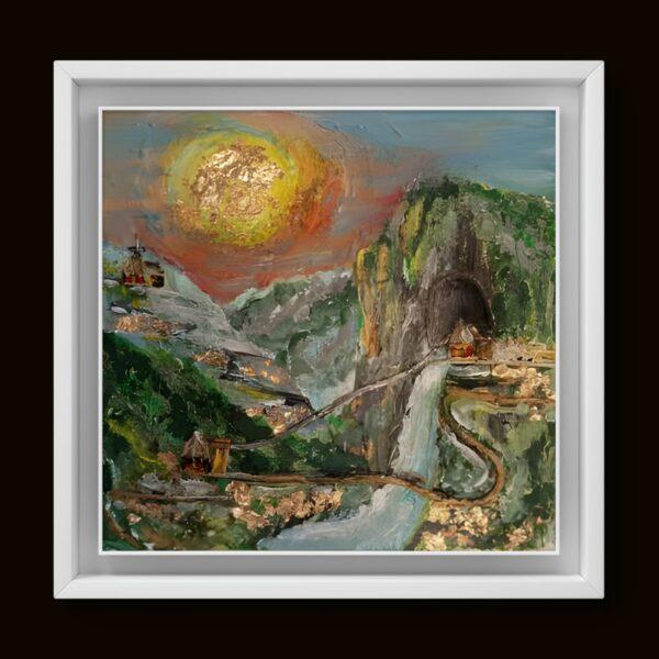 Opera astratta di un artista contemporaneo, colori vivaci e forme dinamiche.