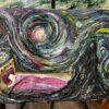 Opera astratta dell'artista contemporaneo, con colori vivaci e forme dinamiche.