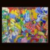 Opera astratta di un artista contemporaneo, colori vibranti e forme dinamiche.