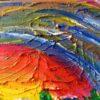 Opera astratta di un artista contemporaneo, colori vivaci e forme dinamiche.