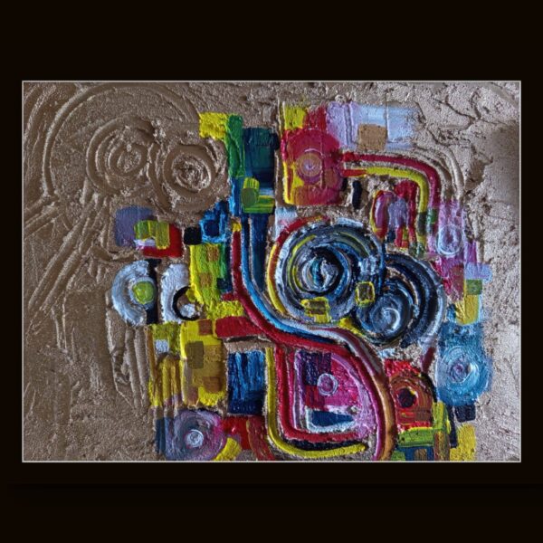 Opera astratta di un artista contemporaneo con colori vivaci e forme dinamiche.
