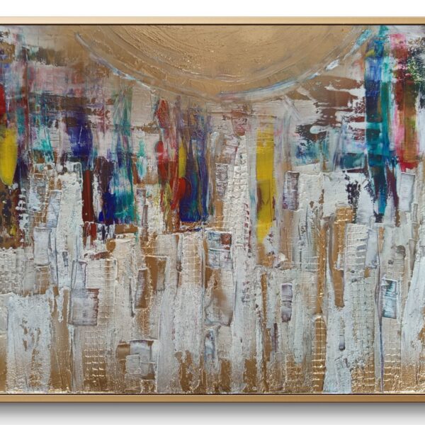 Opera astratta di un artista contemporaneo, colori vivaci e forme dinamiche.