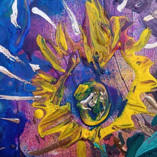 Opera astratta di un artista contemporaneo, colori vivaci e forme dinamiche.