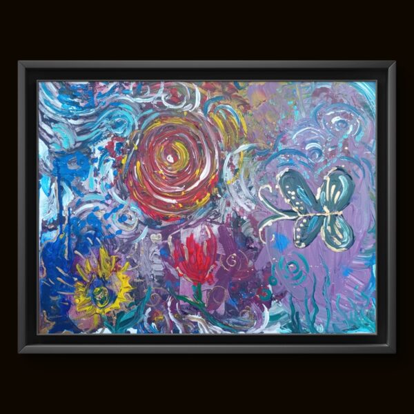 Opera astratta di un artista contemporaneo, colori vivaci e forme dinamiche.