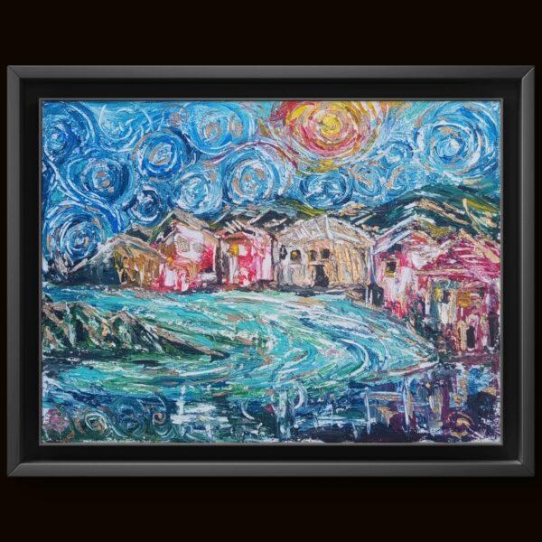 Opera astratta di un artista contemporaneo, colori vivaci e forme dinamiche.