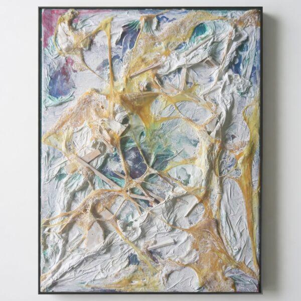 Opera astratta di un artista contemporaneo, colori vivaci e forme dinamiche.