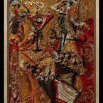 Dettaglio di una pittura materica con texture dorate e strati di colore, opera di Valerio Zezur.