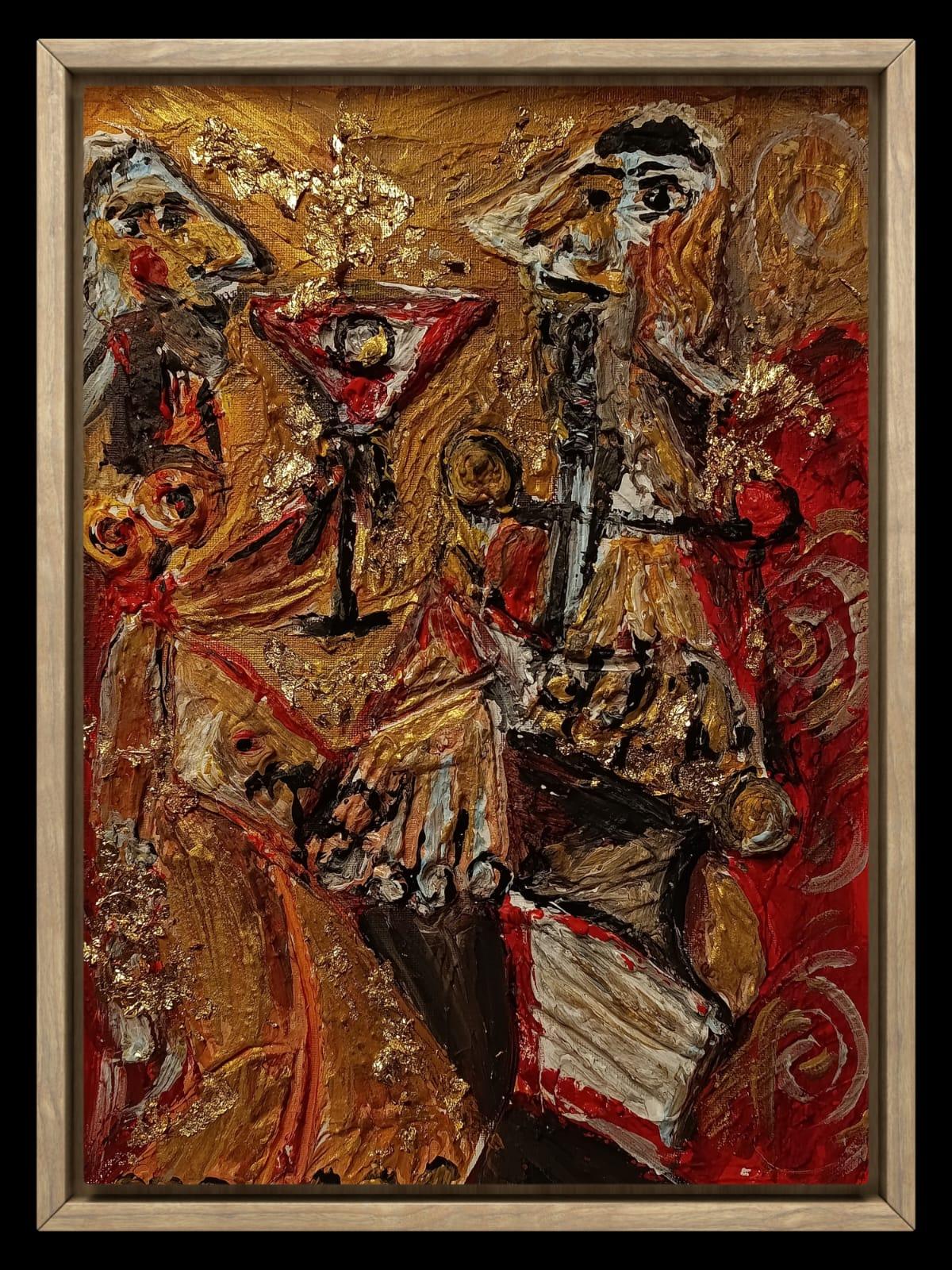 Dettaglio di una pittura materica con texture dorate e strati di colore, opera di Valerio Zezur.
